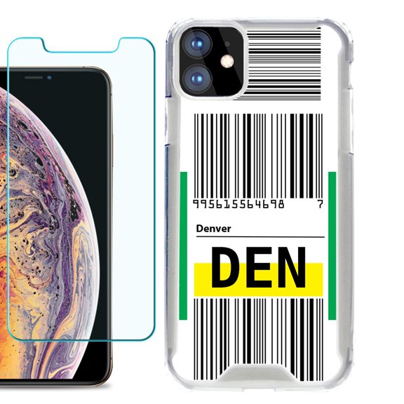 For Apple iPhone 11 Case, Hybrid Bumper Phone Case, with Tempered Glass Screen Protector, by OneToughShield ® - Airport Tag / Denver