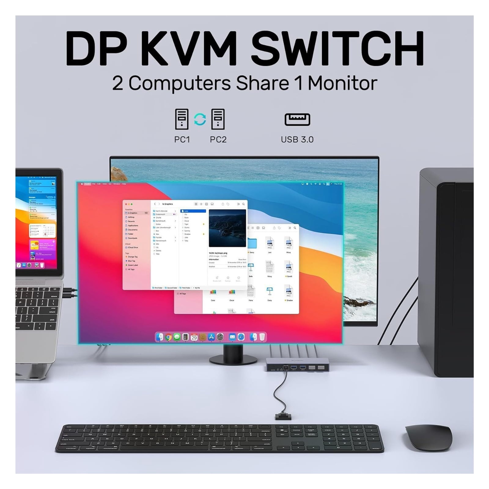 8K 60Hz 4K 144Hz DisplayPort 1.4 KVM Switch, USB 3.0 Hub for 2 PC