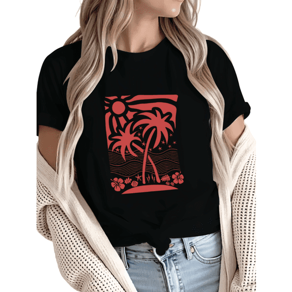 Giffimy Women's Tropical Palm Tree Beach Graphic Short Sleeve T-Shirt Casual Cotton Crewneck Top