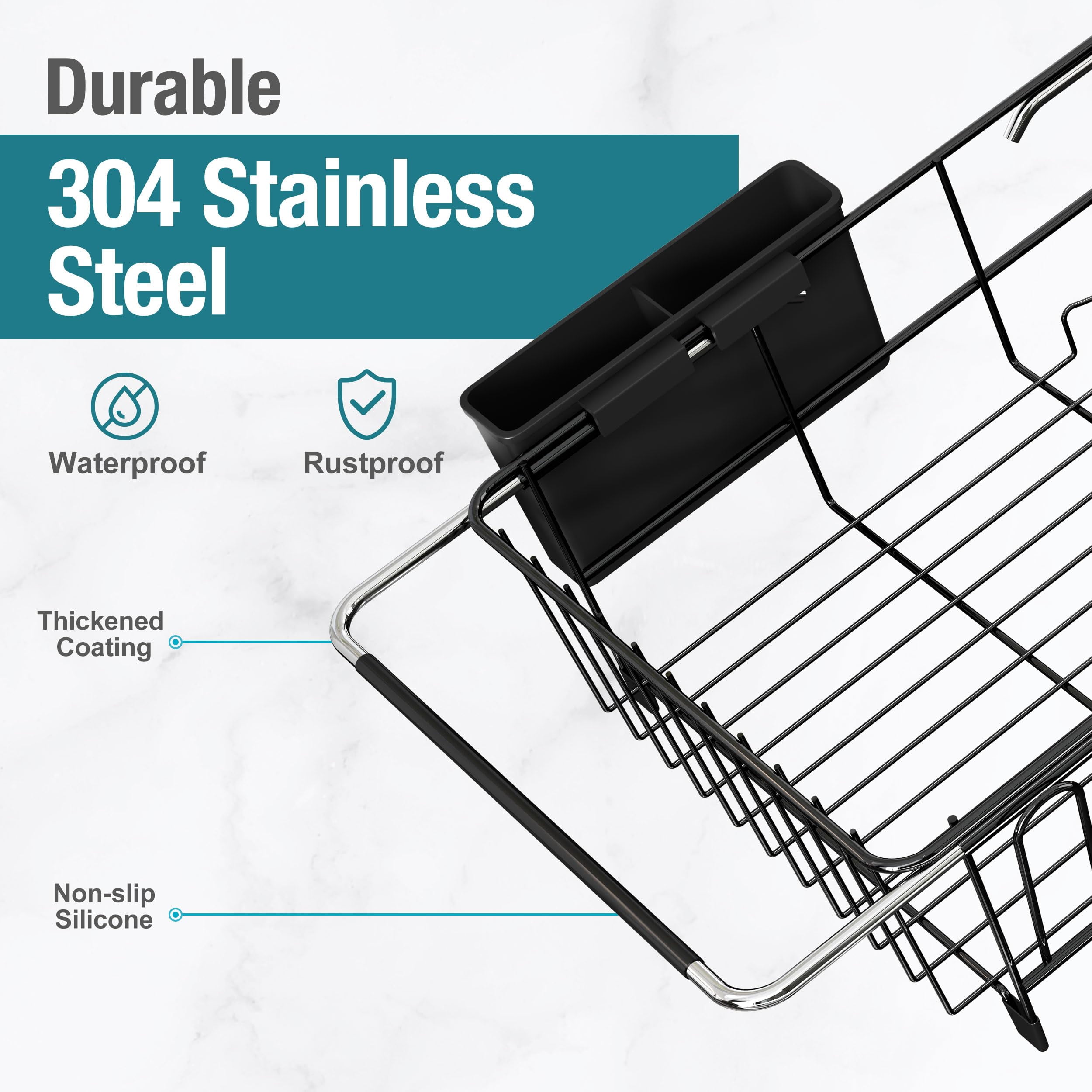 TAVENE Dish Drying Rack in Sink, Over The Sink Colander Strainer Basket, Stainless Steel Strainer Basket with Expandable Rubber Grip Handles for Vegetables, Fruits, Home Kitchen Essentials, Black