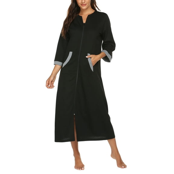 Oudiya Women Zipper Robe Loungewear Dress Full Length Nightgown Housecoat 3/4 Sleeves Sleepwear with Pockets
