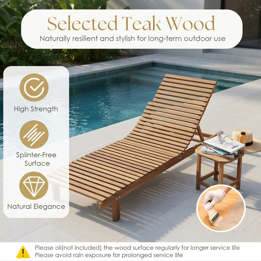 Hommoo Teak Wood Folding Chaise Lounge Chair for Patio, Backyard & Poolside, Slatted Design, Easy-Store Outdoor Recliner, Natural
