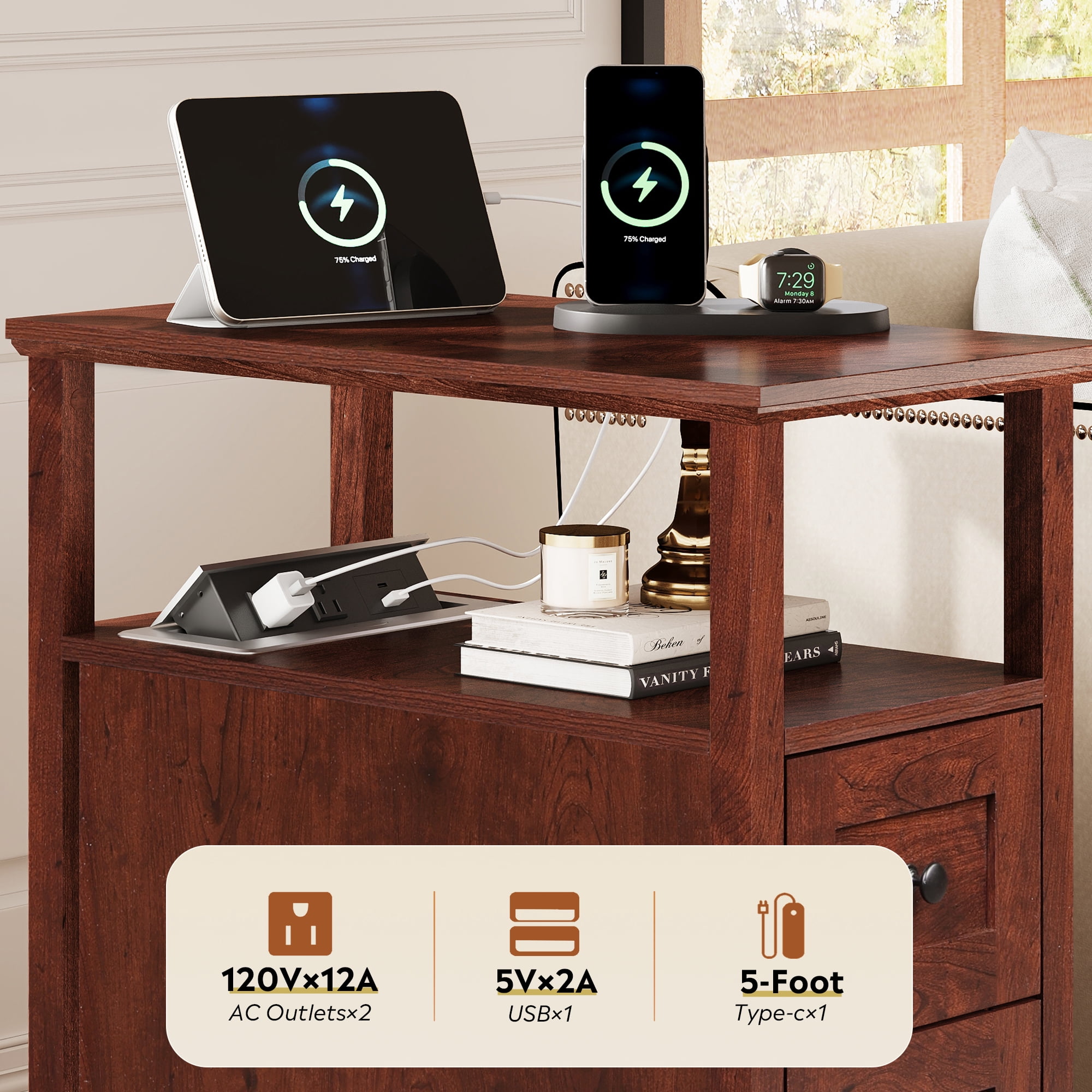 GALAXHERO Narrow End Table with Charging Station Wooden Side Table with 2 Drawers for Living Room, Bedroom, Small Space, Antique Cherry