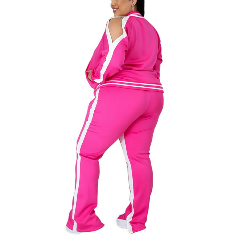 Haite Women Plus Size 2 Piece Tracksuit Crewneck Ladies Oversized Long  Sleeve Jogging Set Tops Long Sweatpants Outfits Lounge Sets Rose Red XXL