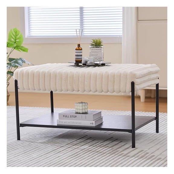 30.7" Wide Storage Ottoman, Faux Fur Upholstered Ottoman Coffee Table with Metal Legs, Multifunctional Stool Chair with Open Storage Shelf, Ottoman Chair for Bedroom, Entryway (Beige)