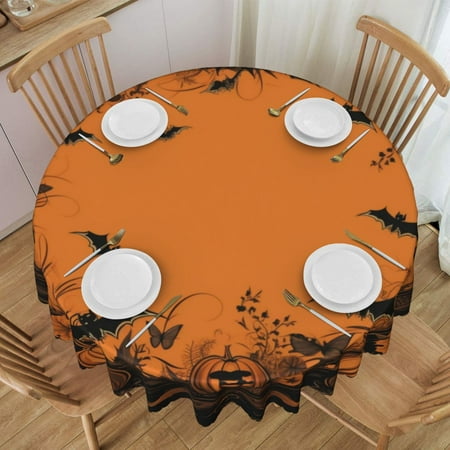 

Generic Round Lace Tablecloth 60in Happy Halloween Pumpkins Black