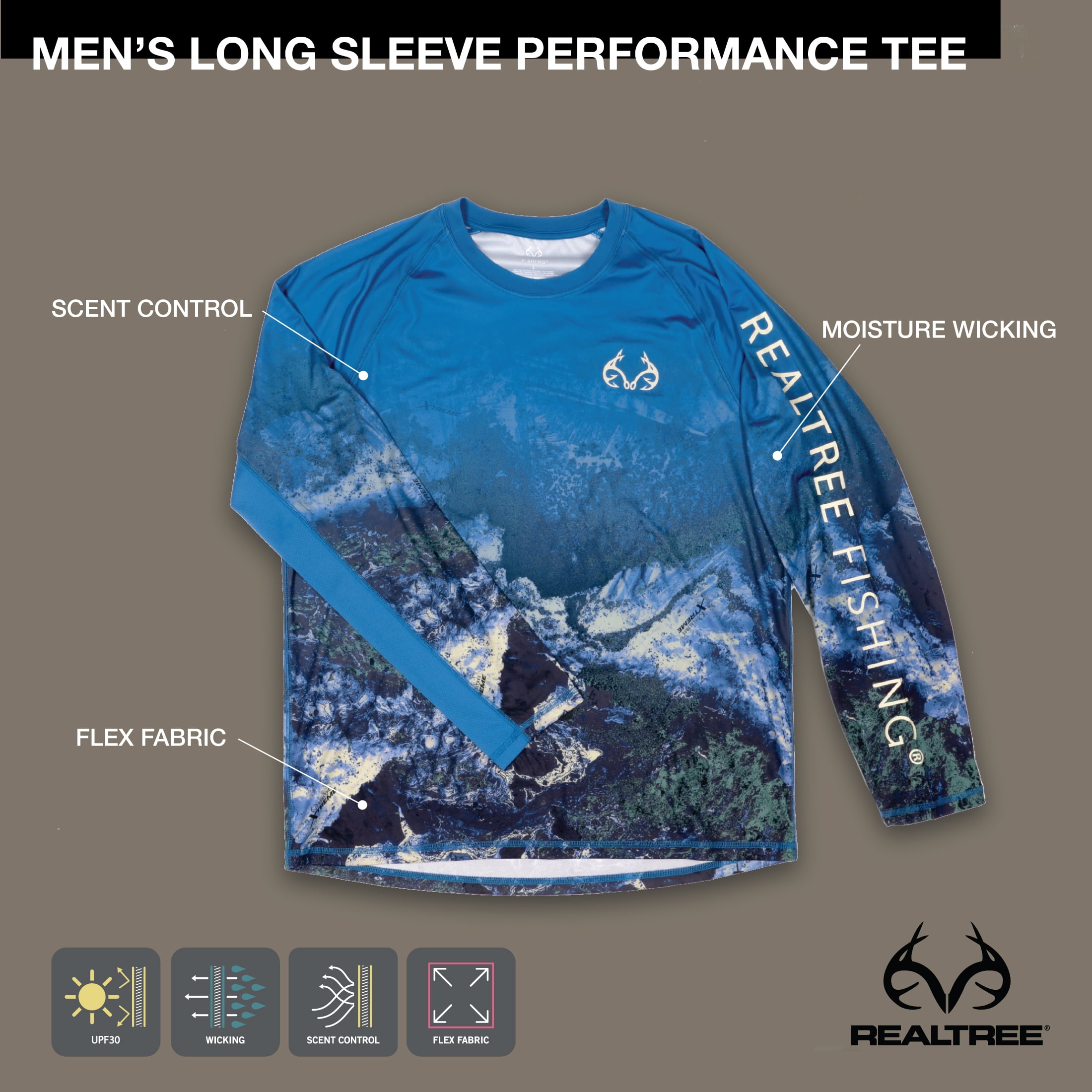 Realtree Men's Long Sleeve Performance Fishing Tee, Sapphire Blue, S