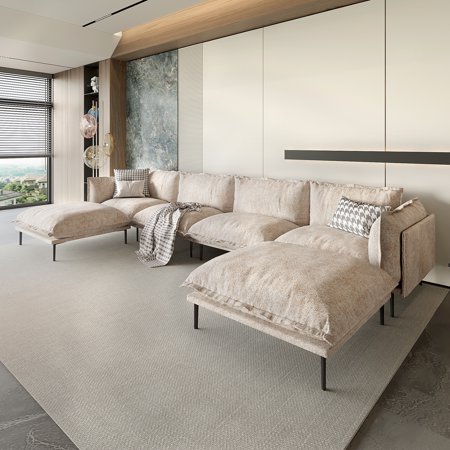 Magic Home Sectional Sofa with High Sofa Legs L-Shaped Couch Sofa Velvet Brown Couches 6 Seat Sofa U-shaped Sectional Couch, Living Room Furniture Set for Home Apartment Office Studio