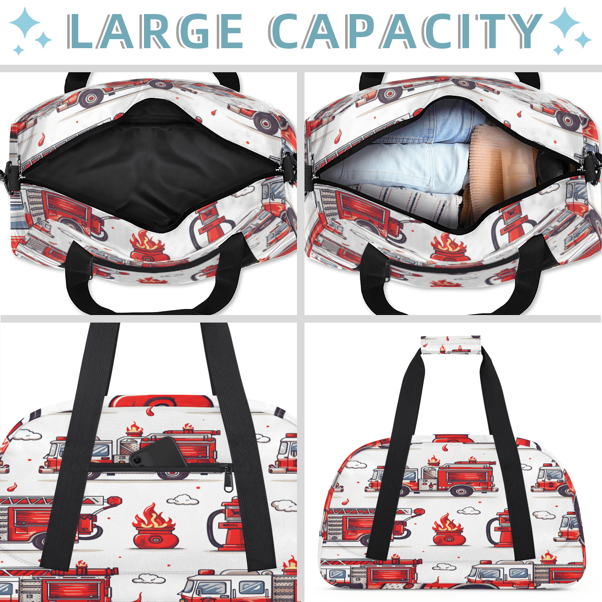 Herdesigns Fire Truck Sports Duffle Bag for Women & Men, Transportation Gym Bag Dance Bag Overnight Bag Carry On Weekender Travel Bag