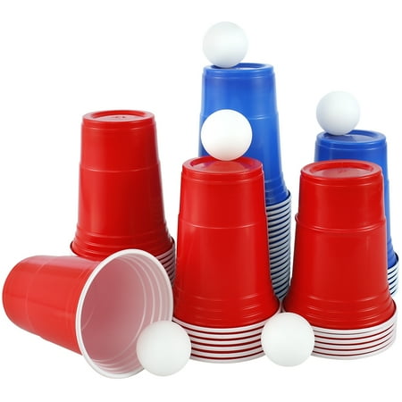 

Fyeme Beer Pong Set Plastic Party Cups 50pcs Reusable Beer Pong Party Cups with 5 Balls 450ml Drinking Cups for Party Holiday Bar Restaurant Home Supplies (Blue&Red)