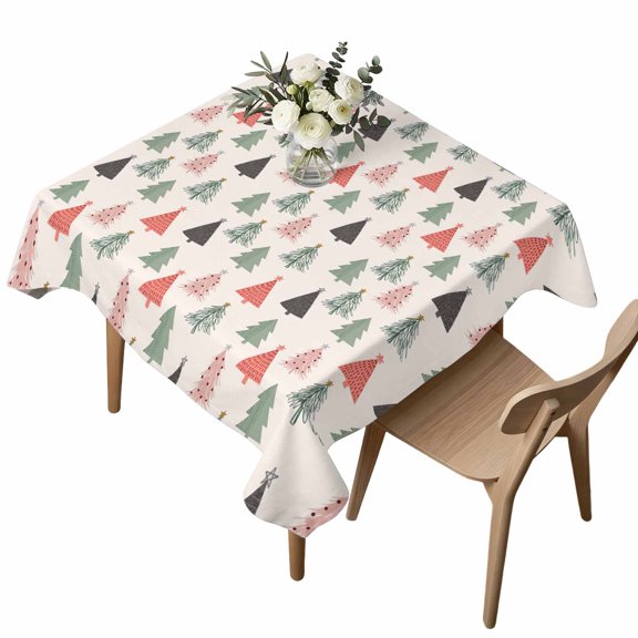 Waterproof Tablecloth Christmas Tree Sketch Seamless Square Table Cloth 54x54in,Wipeable Washable Table Cover Xmas Pine Trees on Beige Tablecloths for Dining Tables Kitchen Picnic Outdoor Party