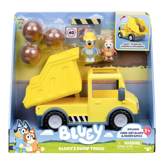 Vehículo de juguete Bluey camión Volquete con figura articulada Bluey y Bingo