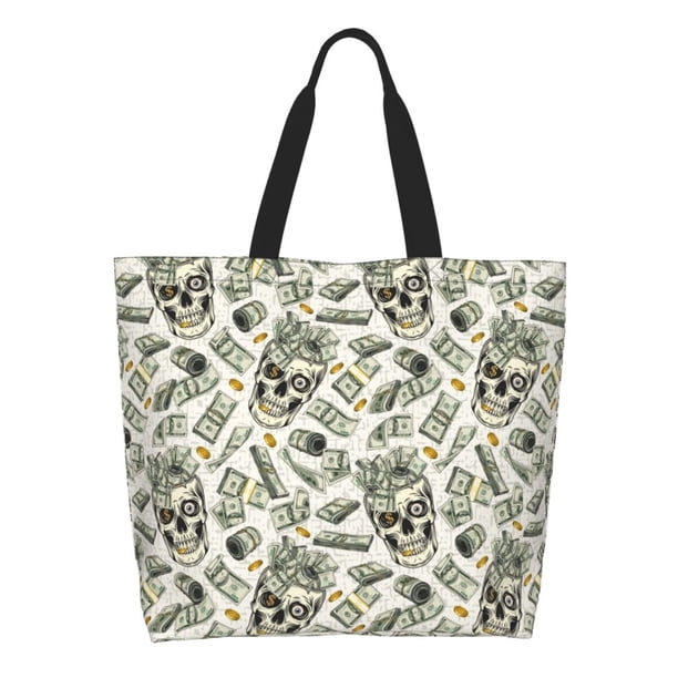 Easygdp Skull with Cash Bolsas Tote para Mujer, Bolsos de Hombro para Viaje, Bolsos de Mano de Gran Capacidad para Compras y Trabajo
