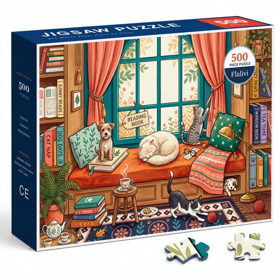Jigsaw Puzzle for Adults 500 Pieces - Cozy Reading Nook with Cats, Dog, Books, Tea and Flowers