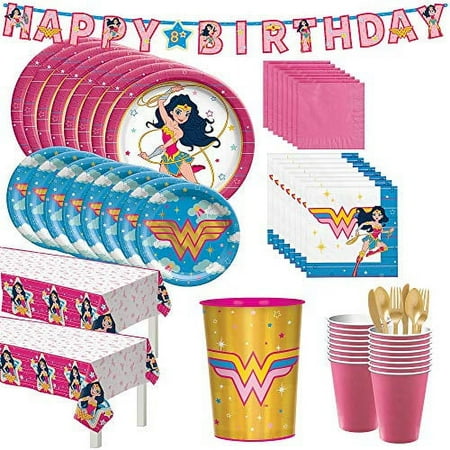Party City Superstar Wonder Woman Birthday Tableware for 24 Guests, Superhero Plates, Napkins, Utensils, and Decorations
