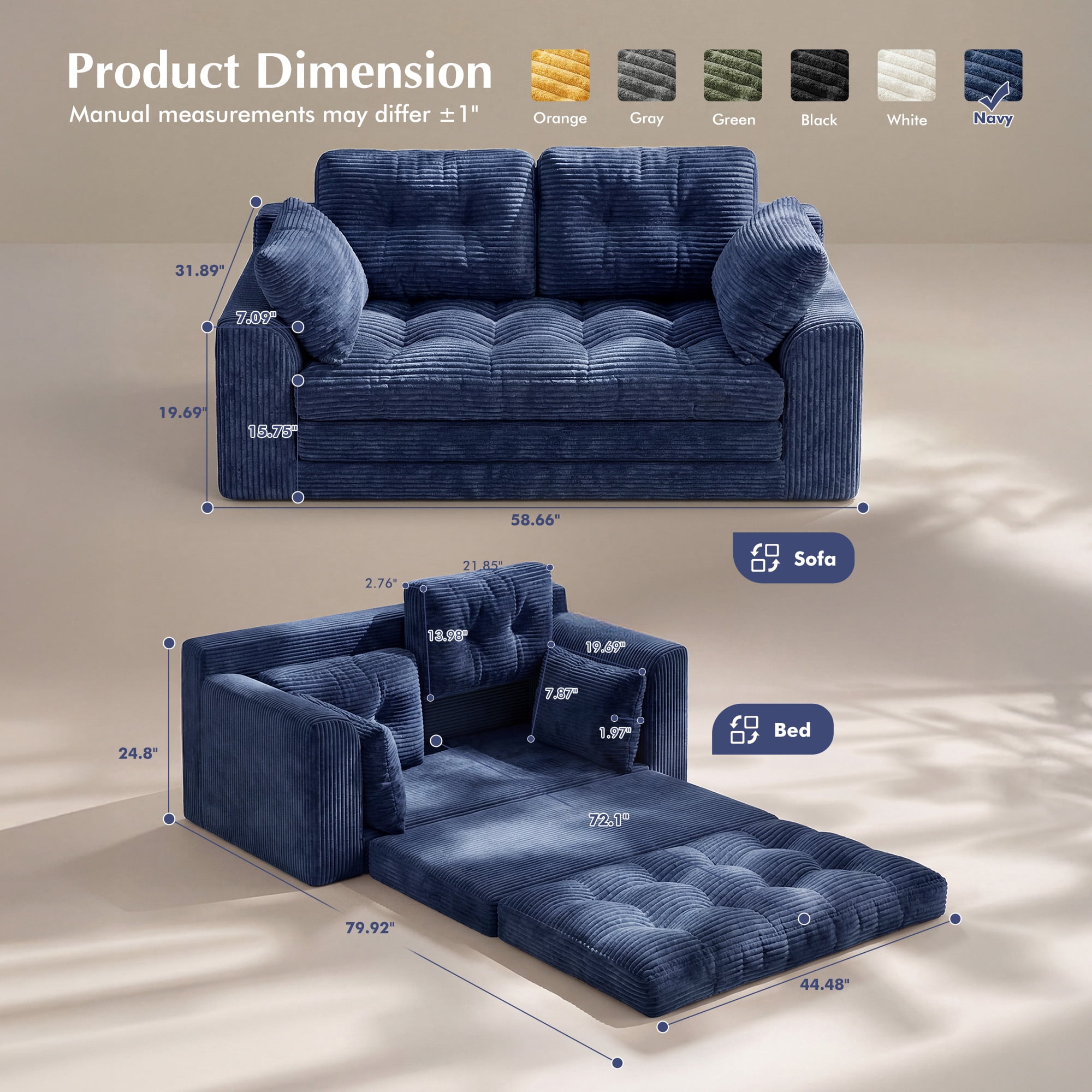 EnHomee 58.6" Foldable Sofa for Adult Loveseat Sofa Couch with Deep Seat Adjustable Floor Sofa Couch with 4 Pillows,Navy Blue