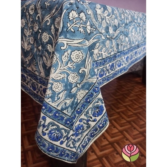 New Era Creation Sage Blue and White Floral Indian Hand Block Printed Tablecloth with Border Design all Around, Table Cover And Linen Set