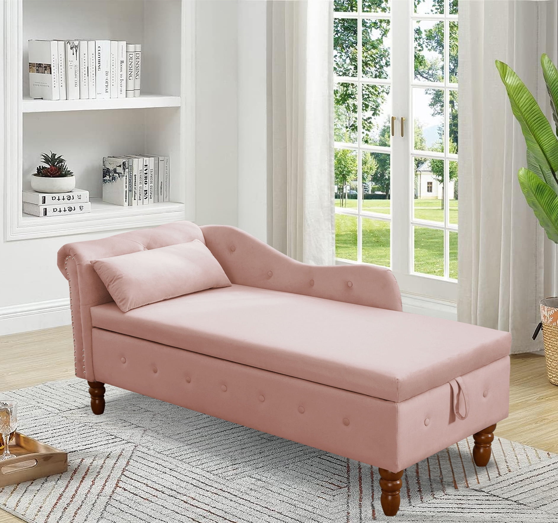 Aukfa Storage Chaise Lounge Chair Indoor Recliner Lounge Chair for Living Room Bedroom,Pillow - Pink