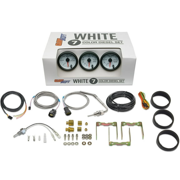 GlowShift | White 7 Color Series 3 Gauge Diesel Truck Set with 60 PSI Boost, 2400F EGT & Trans Temp Gauges