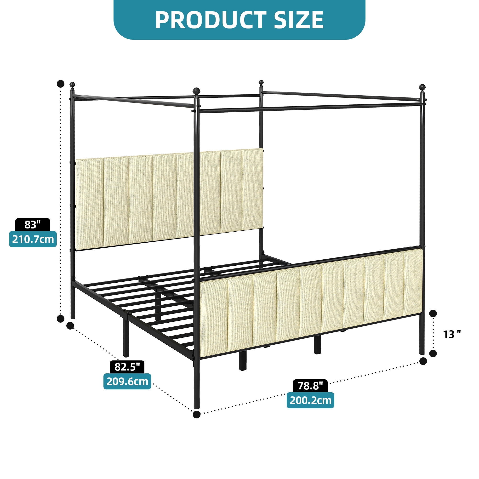 Uforic King Upholstered Metal Canopy Bed with Adjustable Platform Frame, Cushioned Headboard & Footboard, Beige