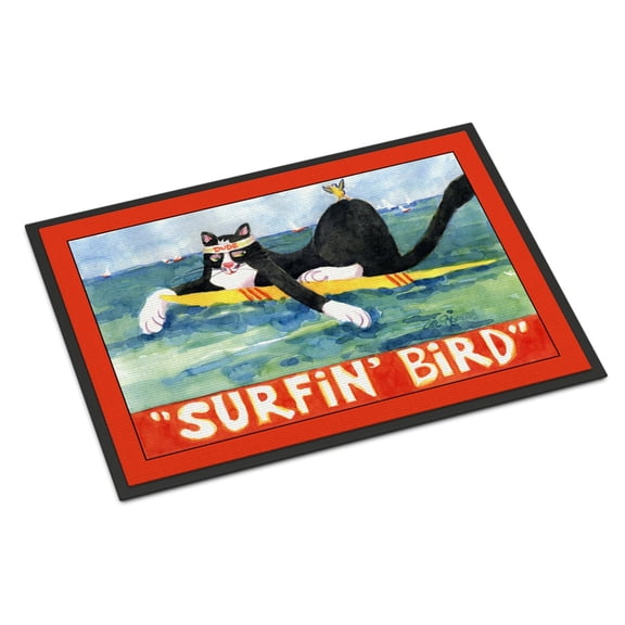 Carolines Treasures 6051JMAT Black and white Cat Surfin Bird Door Mat Indoor Rug or Outdoor Welcome Mat 24x36 Doormat