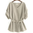 thumbnail image 3 of LOVE DOCK Women's T-shirt V-Neck Green Blouses Tops Women 2022 Casual Cotton Linen Solid Short Sleeve Shirt Summer Clothes for Women, 3 of 5