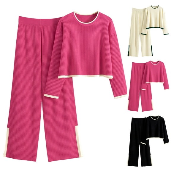 YOIAVAIOY Womens Two Piece Sets Knitted Cotton Lounge Outfits Cropped Pullover Top and Wide Leg Pant Set Color Block Casual Dressy Matching Sets Hot Pink Free Size