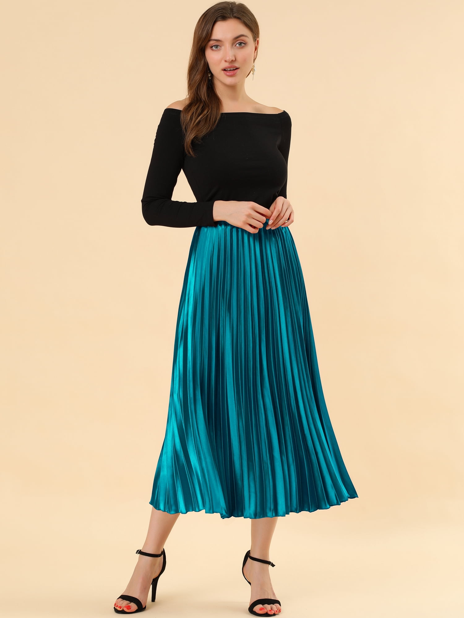 DARING DIVA Women's Midi Length Elastic High Waisted Pleated Skirt 2XL Peacock Blue