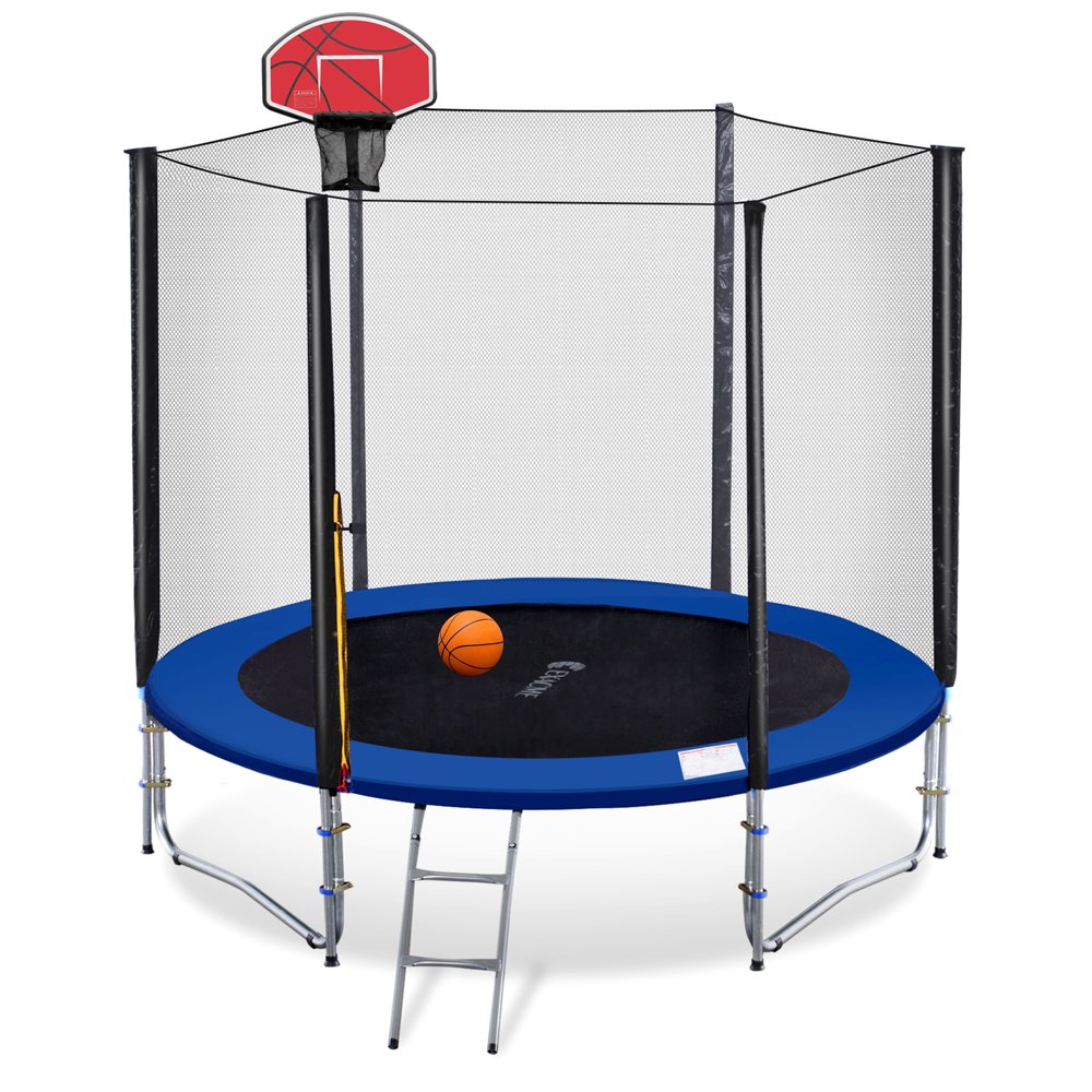 Exacme Net Ladder Basketball Hoop 8' Round Trampoline with Safety Enclosure