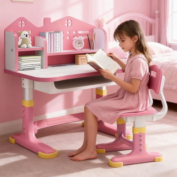 WETLA Kids Desk and Chair Set, Ergonomic Height Adjustable Children School Study Desk with Storage, Widened Desktop, Book Stand and Drawer for Boys Girls