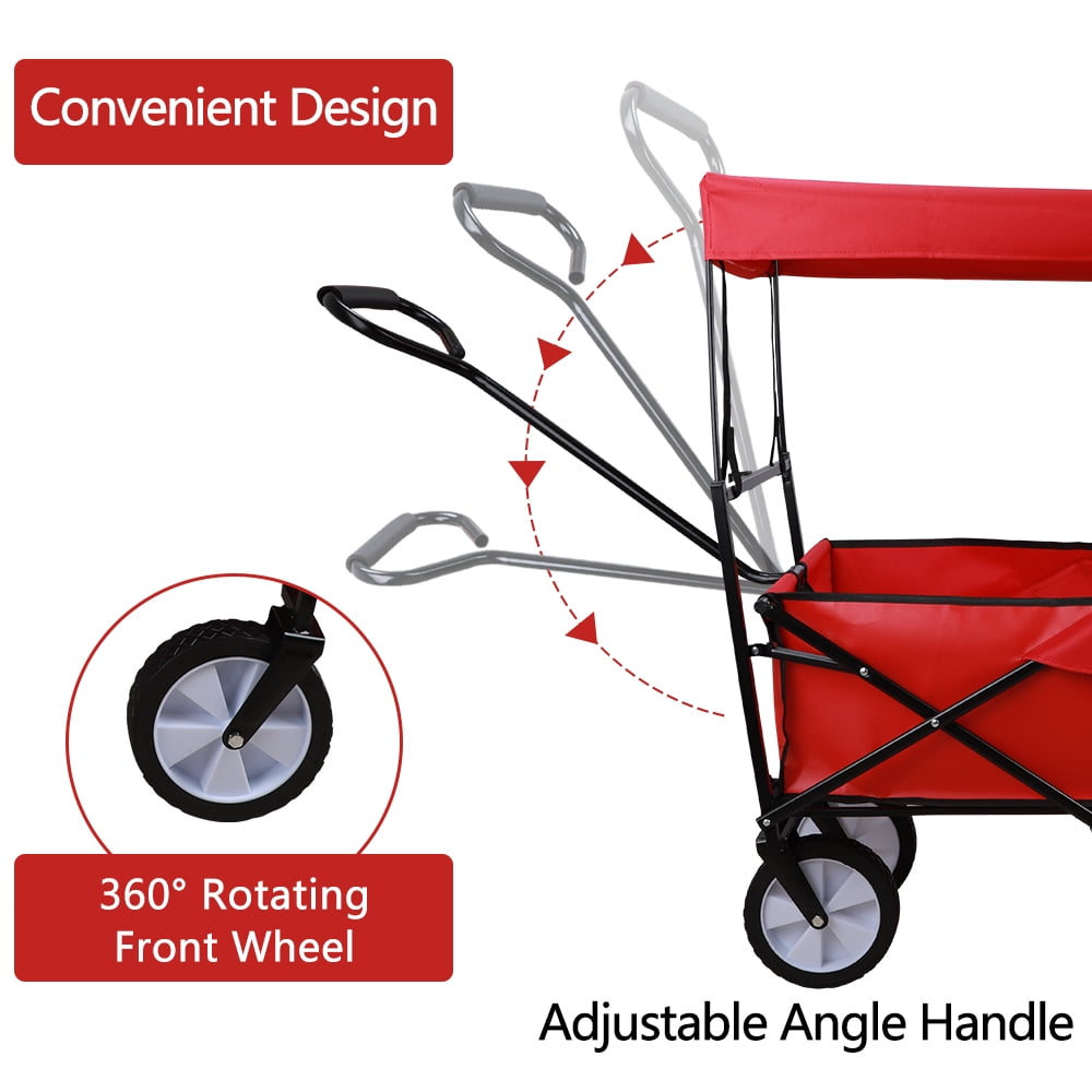 SESSLIFE Folding Beach Wagon for Sand, Collapsible Wagon Cart with Removable Canopy, Adjustable Handles, Extra Pocket and Cup Holder, Utility Cargo Wagon, Red, TE2239