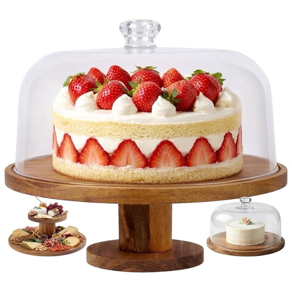 Royalty Art Acacia Wood Cake Stand 12 Inch 3-in-1 Removable Foot Detachable Board Cheeseboard and Dessert Display with Shatterproof Acrylic Dome for Cakes Cheese Charcuterie