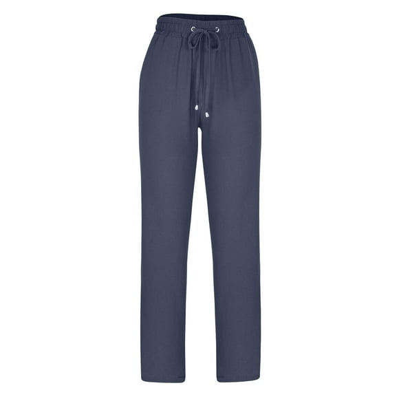 lcziwo Women's Cotton Linen Pants Casual Elastic Waist Straight Leg Pants 2024 Drawstring Loose Comfy Palazzo Trousers with Pockets,Navy,XL