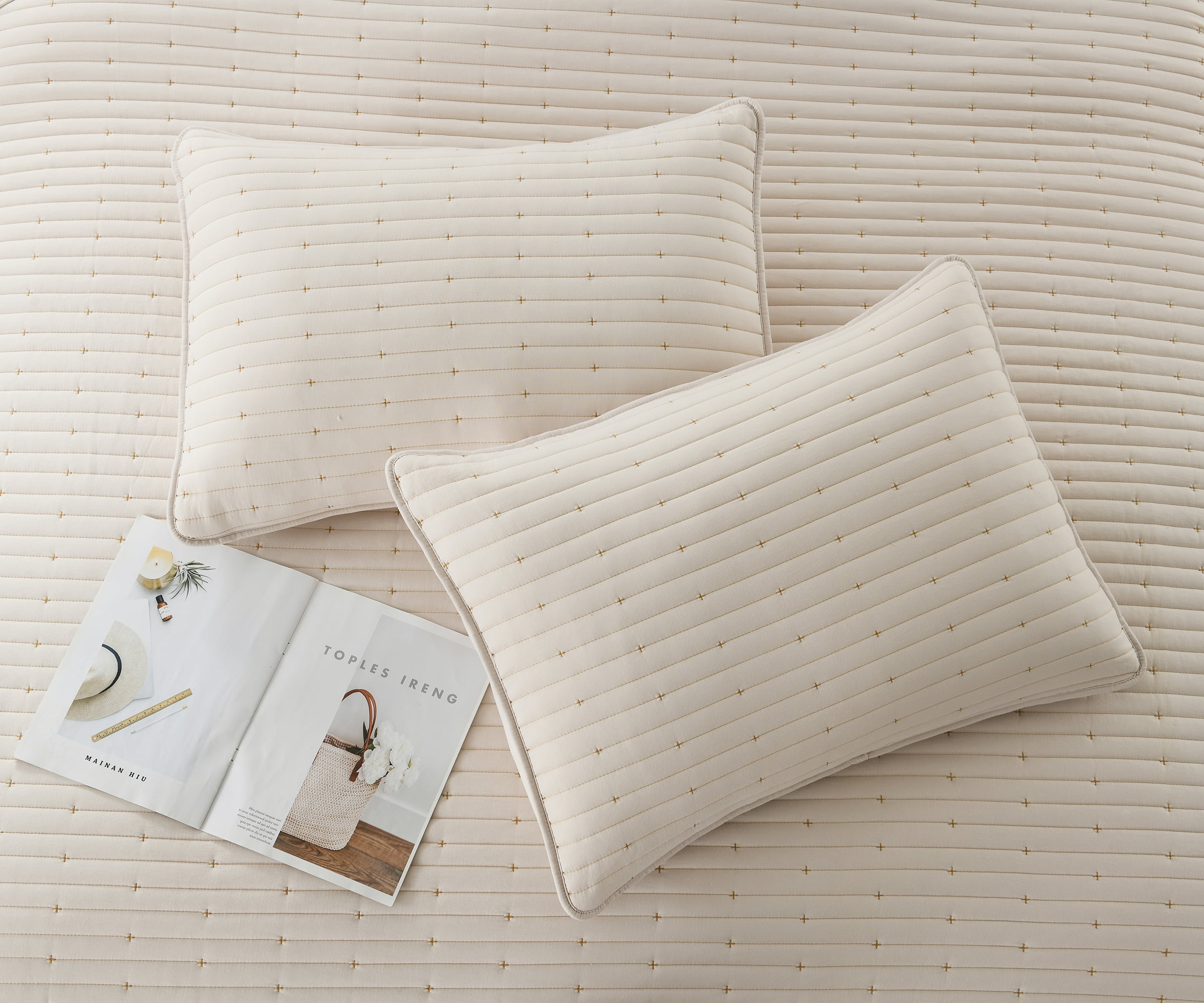 3-Piece Queen Size Quilt Set, GREAGLE Soft Lightweight Quilt for Queen Bed, Wabi Sabi Style Alternative Down Cotton Warmer Comforter /Bedspread /Bedding Set with Pillow Shams, 90 x 90 inch, Beige