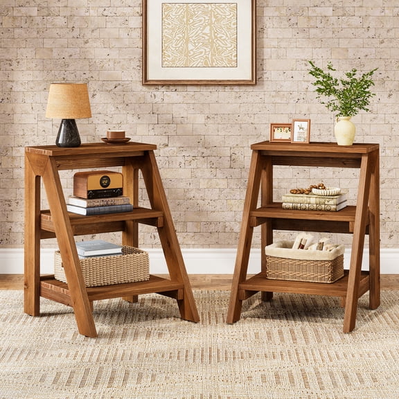 Finmind 3-Tier  Solid Wood End Table, 25.59-Inch Tall Farmhouse Side Table with Open Storage Shelves, Rustic Nightstand for Living Room, Bedroom, Set of 2, Brown