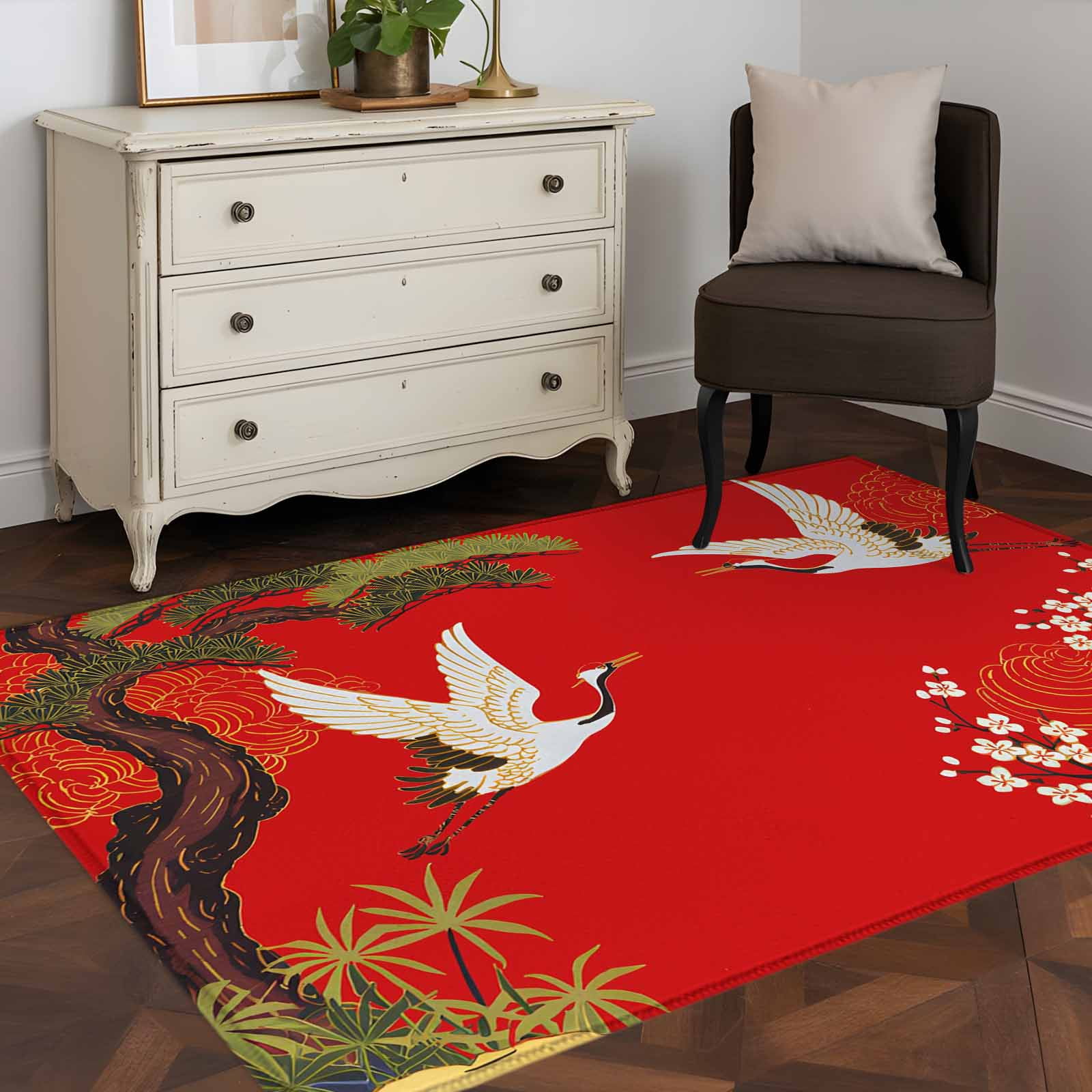 Rectangle Area Rug 4x6ft, Retro Crane Pine Flower on Red Non-Slip Non-Shedding Floor Mat, Asian Chinese Pastoral Scenic Washable Sturdy Carpet for Living Room Bedroom Home Decor