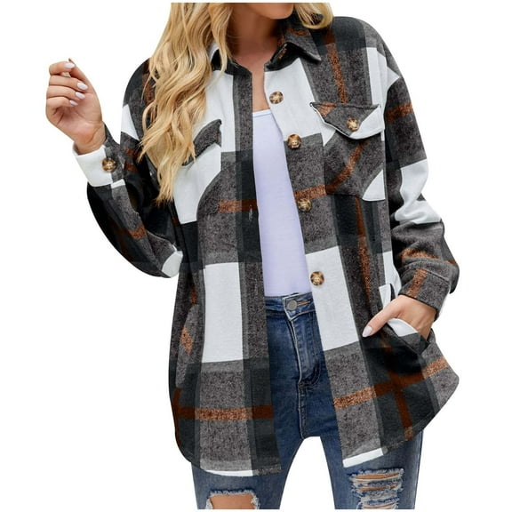 IROINNID Women's Shacket Jacket Long Sleeve Plaid Turndown Lapel Outwear, Comfy Plaid Pocket Lapel Cardigan Jacket