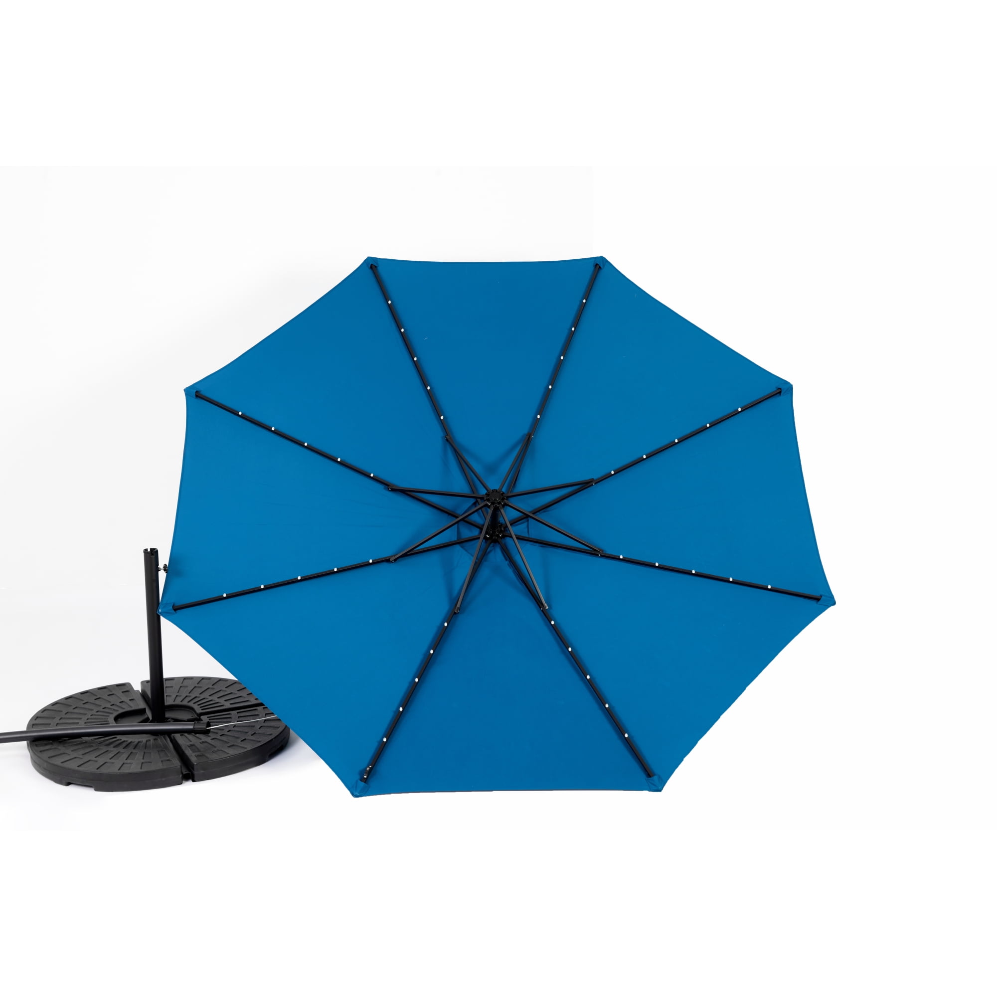 Leumius 10ft Solar LED Patio Umbrella, Offset Cantilever Outdoor Umbrella with 40 LED Lights, Infinite Tilt, 360 Degree Rotation, Crank Handle for Pool Deck Garden Backyard,Dark Blue(No Base)