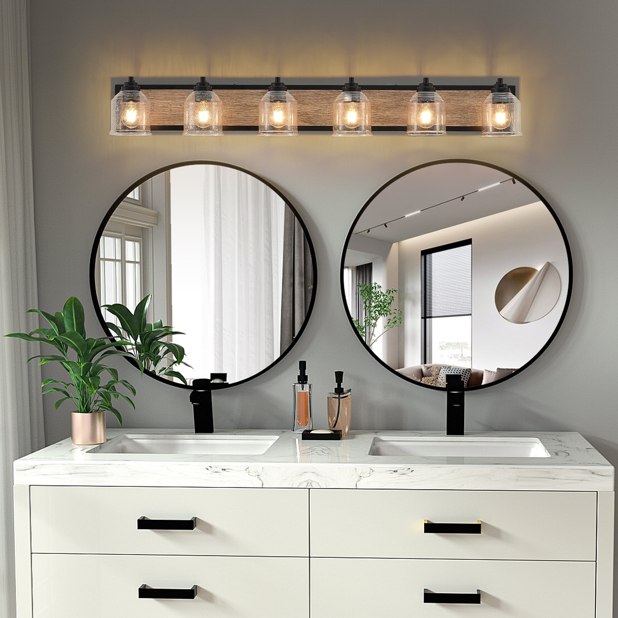 6-Light Farmhouse Bathroom Vanity Light, Brown Metal Vanity Light with Glass Shades,Rustic Wall Sconce Lighting Fixtures Over Mirror for Barhroom,Kitchen 48.5in