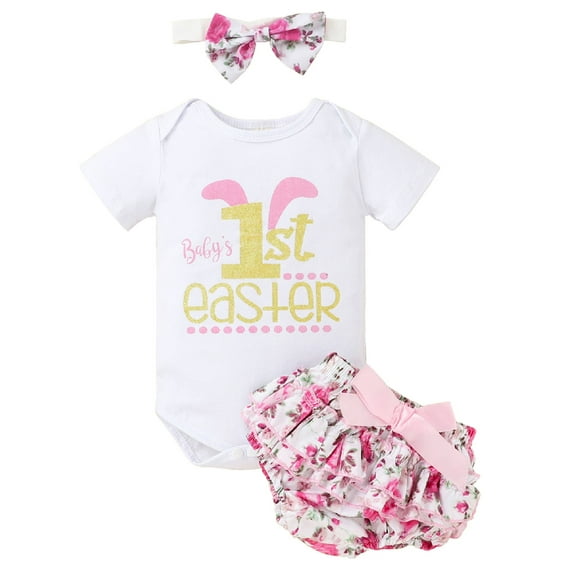 Dooleck 1st Easter Outfit Baby Girl Bodysuit Floral Ruffle Bloomer Shorts Clothes