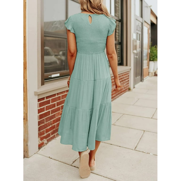 Maskion Women's Flutter Short Sleeve Smocked Midi Dress Maskion Women's Flutter Short Sleeve Smocked Midi Dress