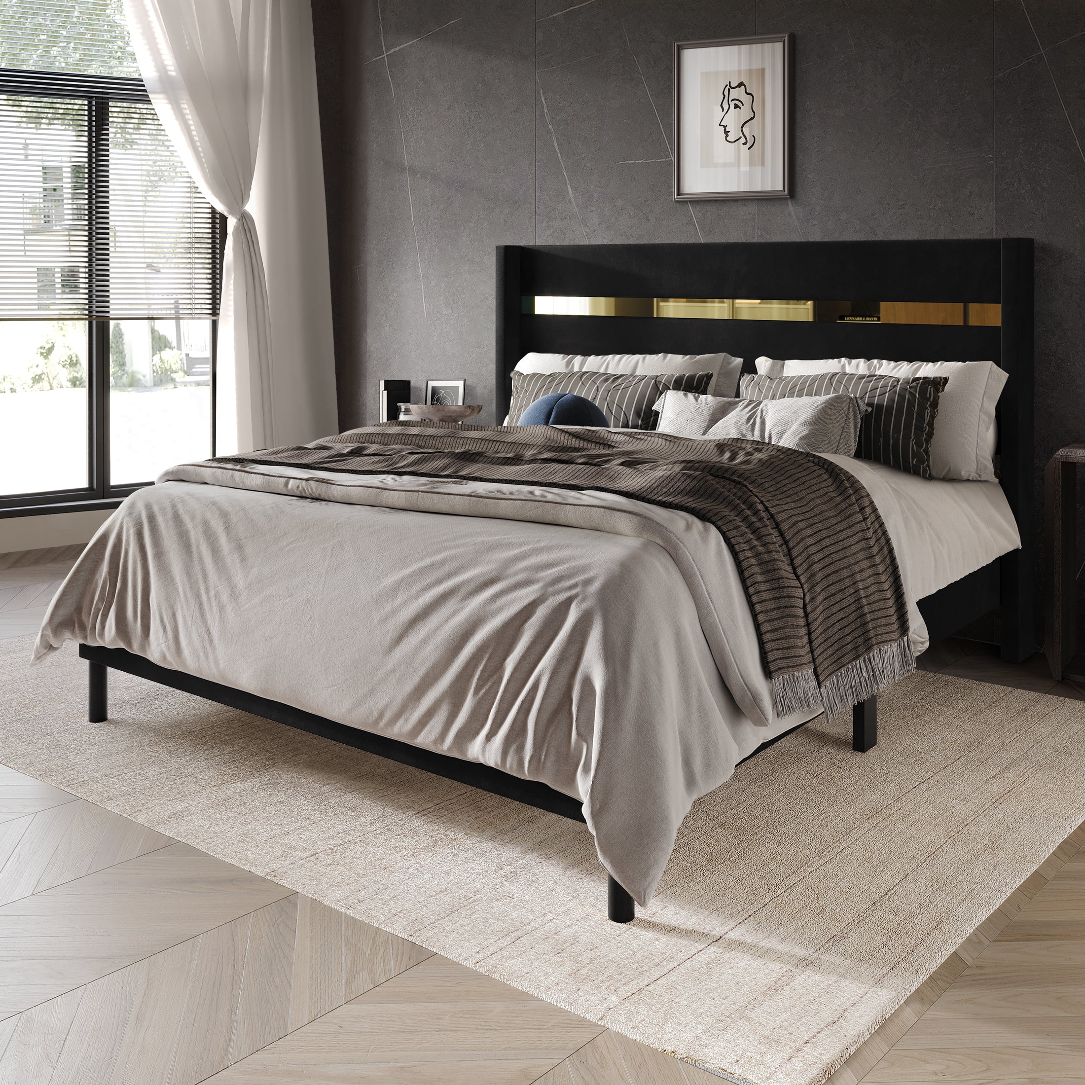 Castle Place Luxury Glam Velvet Wingback Queen Platform Bed with Gold Acrylic Accents, Black