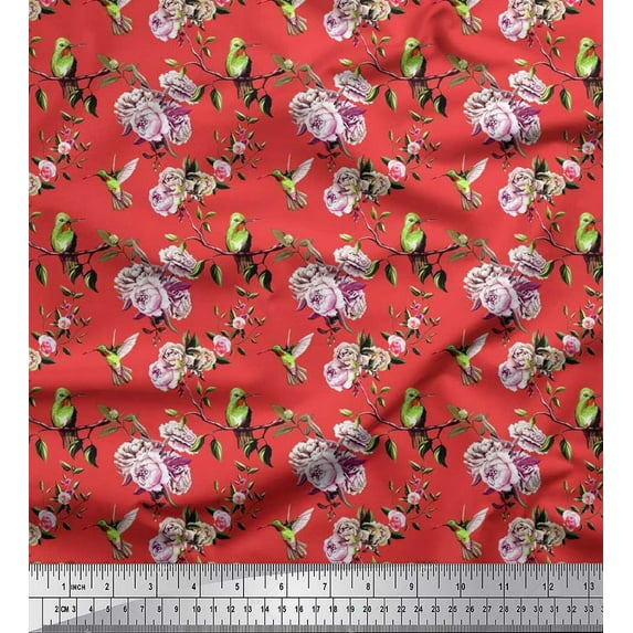 Soimoi Cotton Voile Fabric Hummingbird,Leaves & Rose Floral Decor Fabric Printed Yard 56 Inch Wide