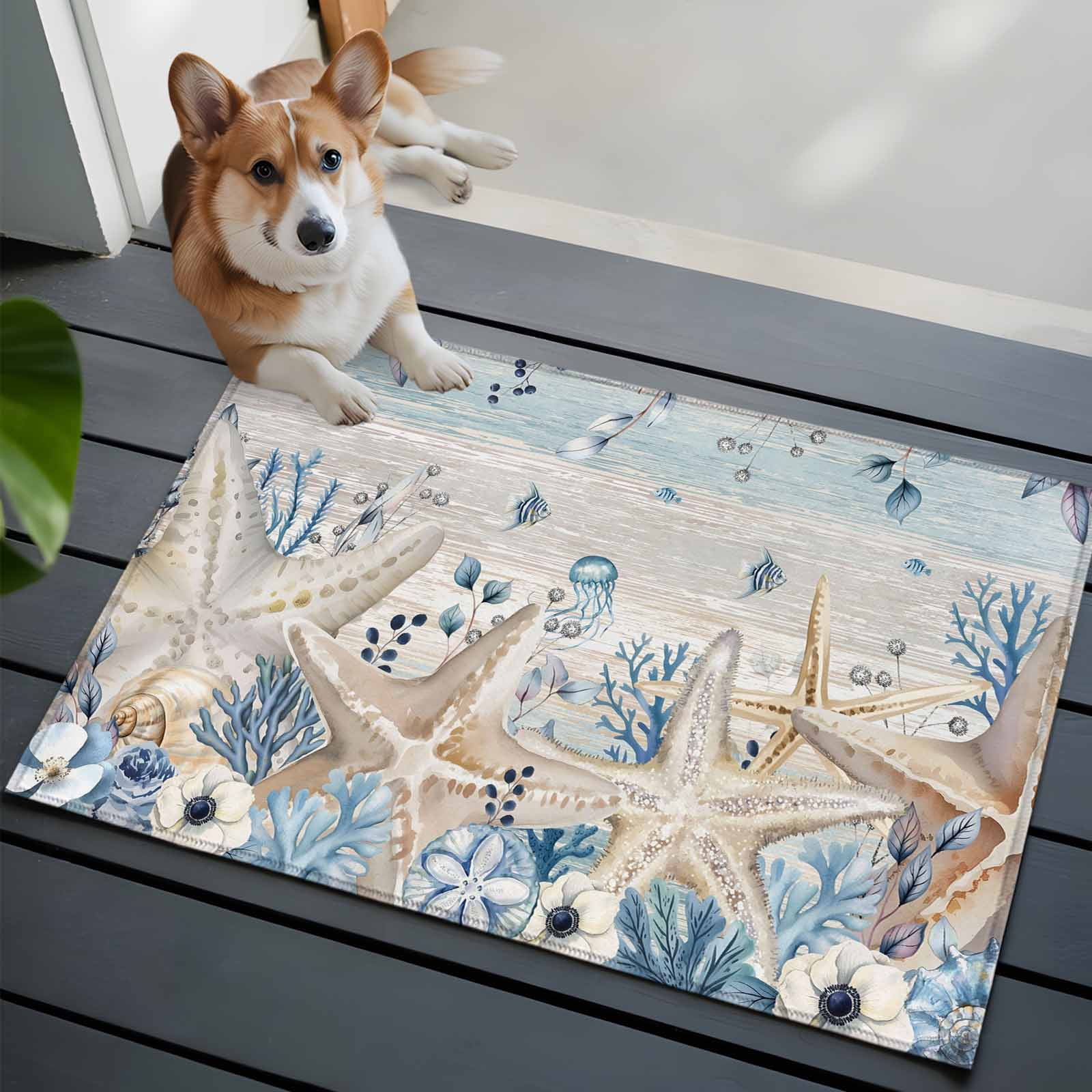 2x3 Ft Entryway Area Rug, Blue Beige Coastal Kitchen Rug Runner Washable Floor Mat, Beach Starfish Summer Eucalyptus Vintage Non Slip Indoor Door Mat Throw Carpet for Bathroom Living Room Bedroom
