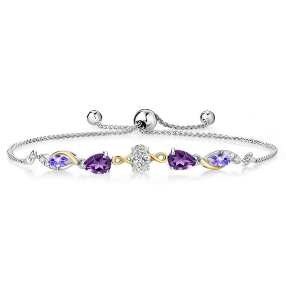 Gem Stone King 925 Silver and 10K Yellow Gold Lab Grown Diamond Purple Amethyst and Blue Tanzanite Bracelet for Women | 1.42 Cttw | Gemstone Birthstone | Oval 6X4MM | Fully Adjustable 9 inch