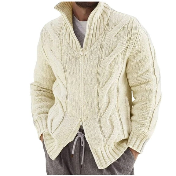 MELDVDIB Mens Double-Zip Sweater Knit Fall Winter Solid Color Long Sleeve Loose Pullover Tops Fashion Casual Stretch Comfy Turtleneck Lounge Outfit Beige M