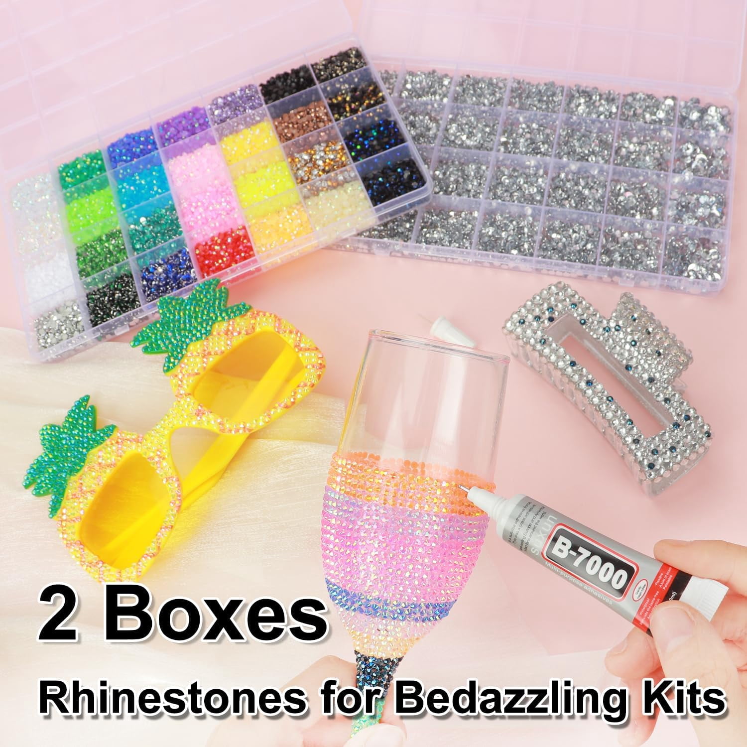 2 Boxes Rhinestones for Bedazzling Kits, Silver Clear 2/3/4/5/6mm & Multicolor 3mm Resin Flatback Gems for Bedazzle Art, Bedazzler Kit with 3Pcs 10ml B7000 Jewelry Glue for DIY Crafting Book Decor