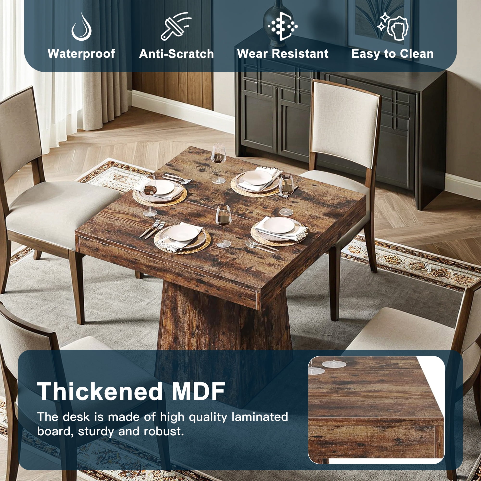 Demi Bonn 31" Modern Square Dining Table for 4 People, Wood Farmhouse Kitchen Dinner Table for Dining Room, Living Room Furniture, Rustic Brown