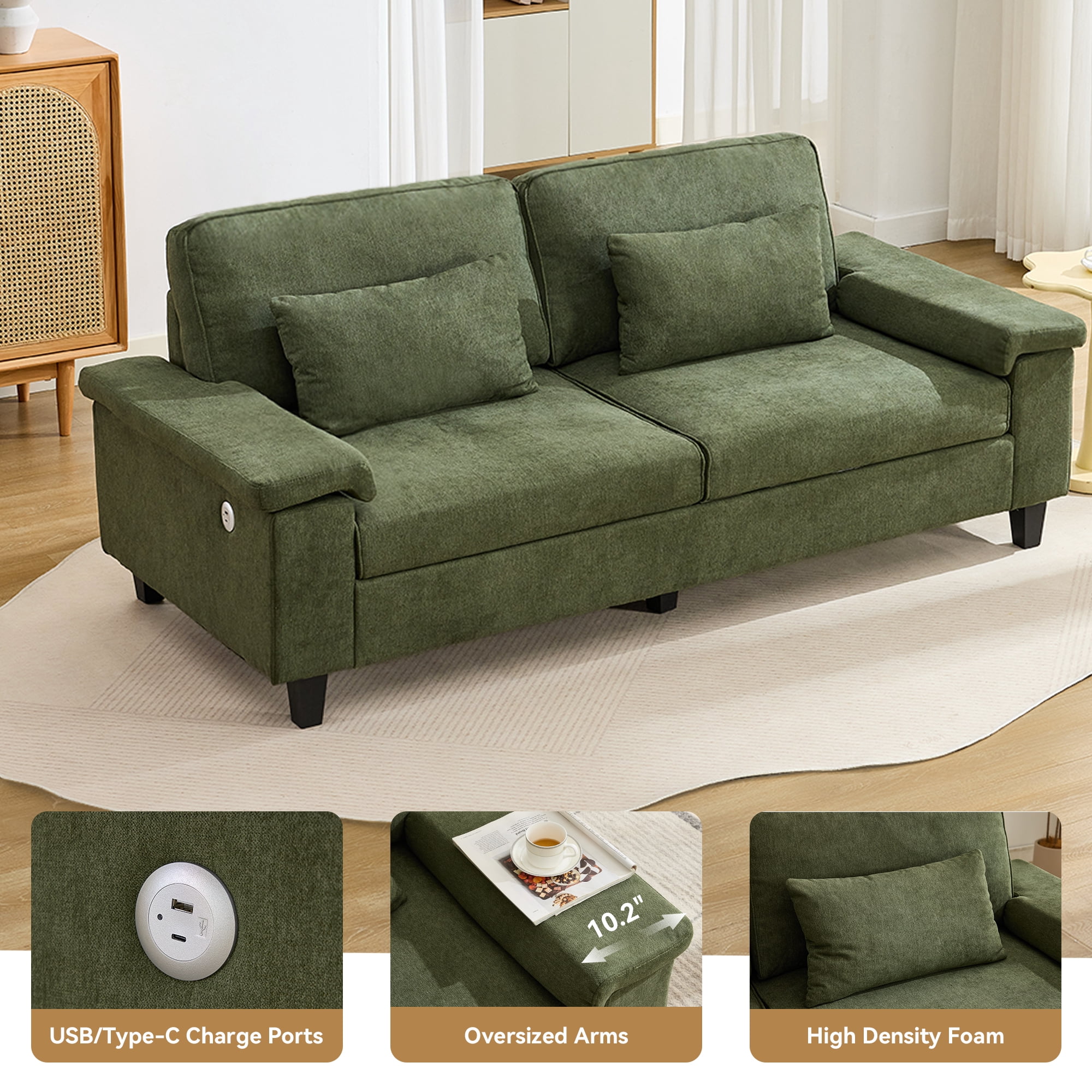79" Modern Deep Seat Sofa for Living Room with Adjustable Armrests & USB/Type-C Charging Ports ,3-Seater Loveseat for Apartment, Home Office