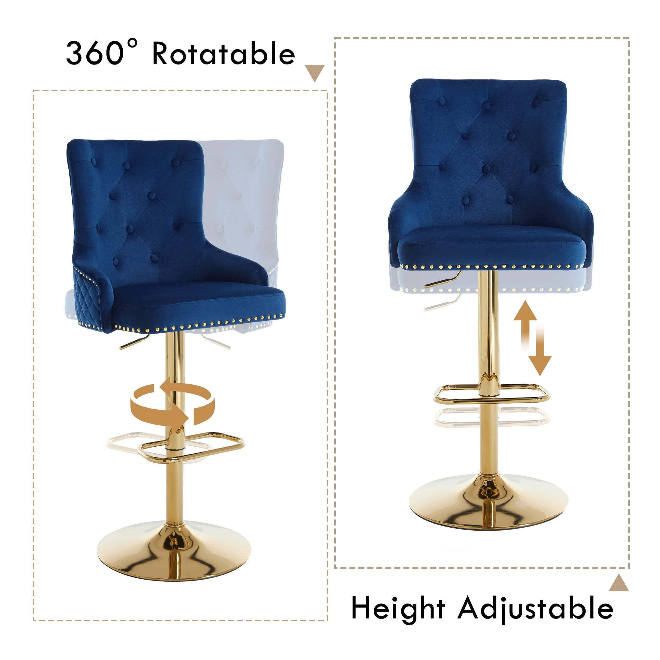 Velvet Gold Bar Stools Set of 4 Modern Counter Height Bar Stools with Lion Pull Ring Tufted Back, Nailhead Upholstered Barstools for Home Kitchen Island, Swivel Adjustable Stool Chair in Dark Blue